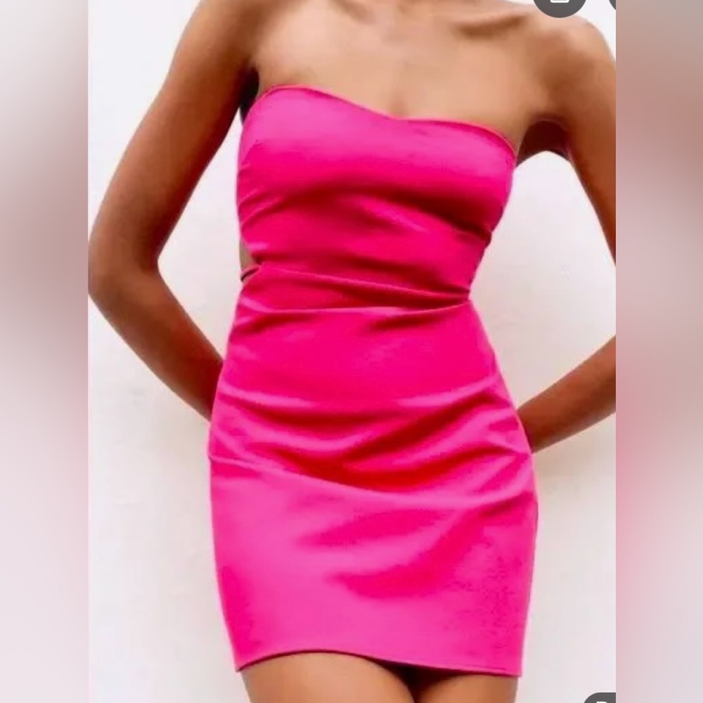 S Zara fun hot Pink Strapless Dress fuchsia side cutout mini party cocktail
